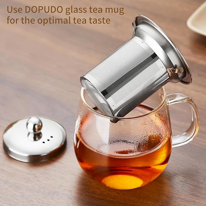 Glass Tea Cup with Infuser and Lid, 14.5oz/450ml Large Borosilicate Glass Teacup with Stailess Steel Filter, Clear Mug for Loose Leaf Blooming Tea, Dishwasher Safe - Tea Maker Gift