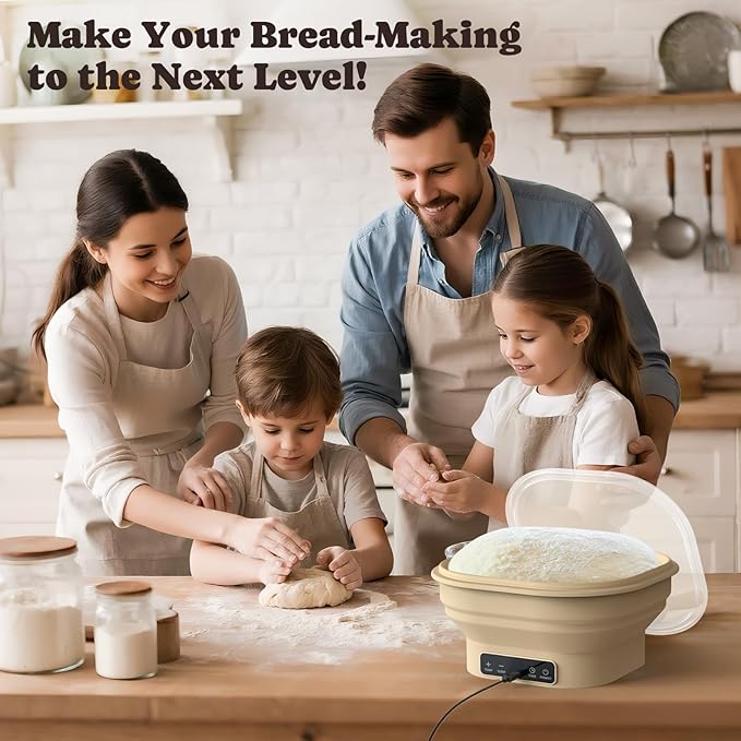 Heating Sourdough Starter Kit, 2L Electric Thermostatic Silicone Square Foldable Banneton Bread Proofing Basket with 6 Timer & Temp Settings for Dough Rising, Dishwasher Safe, Bread Making Kit