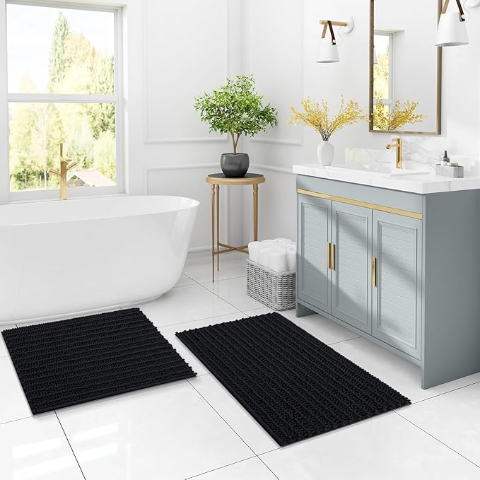 Arotive Luxury Chenille Bathroom Rug Mat, Extra Soft Thick Absorbent Shaggy Bath Rugs, Non-Slip Machine Wash Dry, Plush Bath Mats for Bathroom, Shower and Tub, 47x32, Black