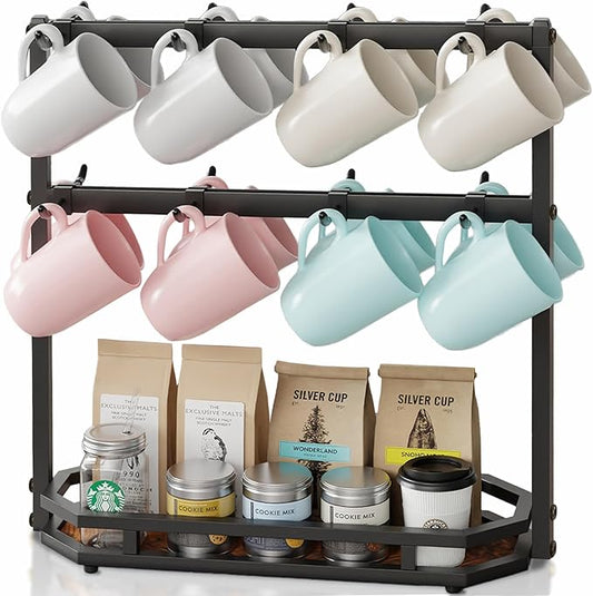 Coffee Mug Holder with Movable Hooks,16 Capacity Coffee Cup Holder for Countertop, Metal Mug Tree Holder Rack with Storage Base,Home Storage Mug Organizer adjustable Heights (Black)