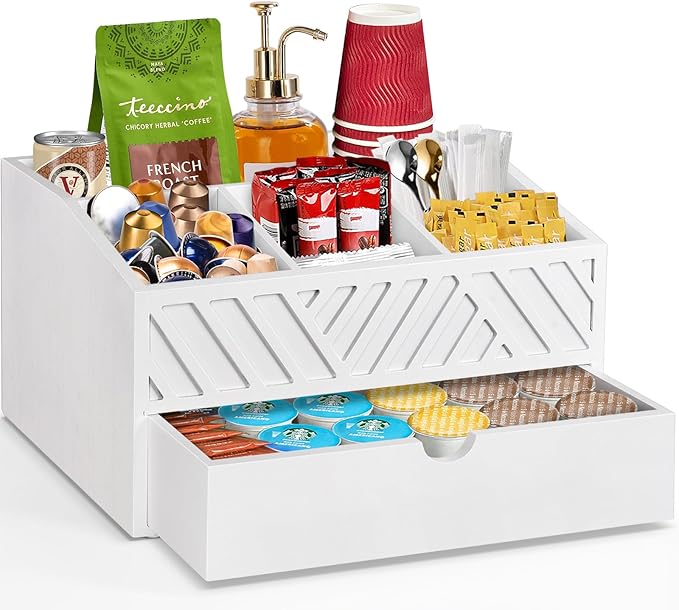 Farmhouse Wooden Coffee Bar Organizer - Countertop Station With Drawer, Pods Holder & Storage Basket