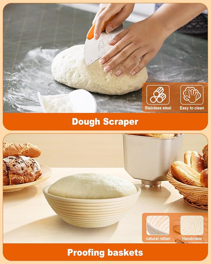 Sourdough Bread Baking Supplies Tools,9 Inch Round Banneton Bread Proofing Basket Set,Sourdough Starter Kit Gift for Bread Making