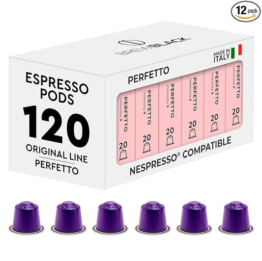 BrewBlack Perfetto Coffee Capsules - 120 Aluminum Coffee Pods Compatible with Nespresso Original line, Medium Roast - Intensity 9/12, Made in Italy