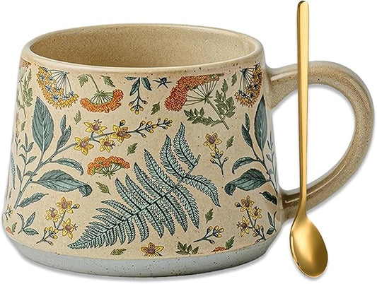 Floral Coffee Cup, 12oz Ceramic Hand Painted Porcelain Mug with Premium Gold Spoon, Cup for Cappuccino, Macchiato, Latte, Cafe, Tea, Unique Gift Idea (Summer's Whispers)