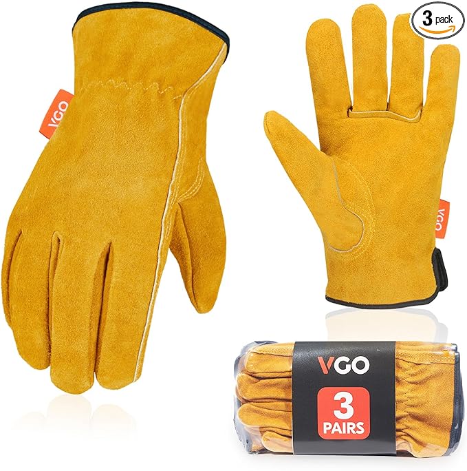 Vgo... 3-Pairs Unlined Cowhide Split Leather Work and Driver Gloves, for Heavy Duty, Truck Driving, Warehouse, Gardening, Farm (Size S, Gold, CB9501)