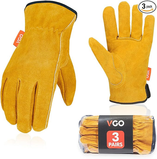Vgo... 3-Pairs Unlined Cowhide Split Leather Work and Driver Gloves, for Heavy Duty, Truck Driving, Warehouse, Gardening, Farm (Size S, Gold, CB9501)