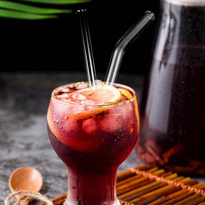 Lazycorner Reusable Glass Straws Set 16 Pcs 8.5''x 10MM Bent Clear Glass Drinking Straws, Set of 16 Bent with 4 Cleaning Brushes. Reusable Straws Perfect For Smoothies, Tea, Juice-Clear Cocktail.