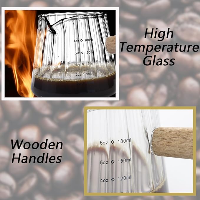 Espresso Measuring Cup 6 Oz, Espresso Glass Cups with Wood Handle, Milk Frothing Cup, Espresso Cup for Coffee, Milk, Tea or Maple Syrup Serving