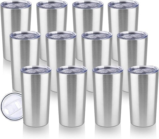HASLE OUTFITTERS 12oz Skinny Tumbler Bulk, Slim Tumblers Set with Lid, Double Wall Stainless Steel Insulated Travel Coffee Mug, Durable Powder Coated Travel Water Cup(Stainless Steel, 12)