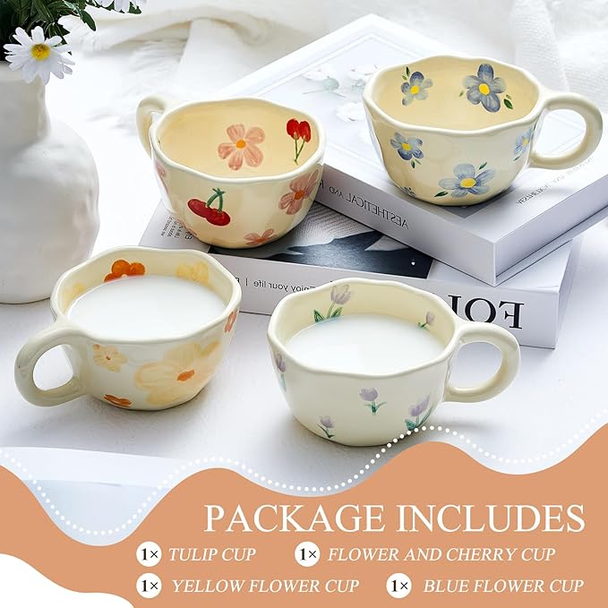 Vesici 4 Styles Cute Ceramic Flower Coffee Mug Set 8. 5 oz Vintage Aesthetic Porcelain Floral Tea Coffee Cup with Handle Dishwasher Microwave Safe for Woman Girls Gifts