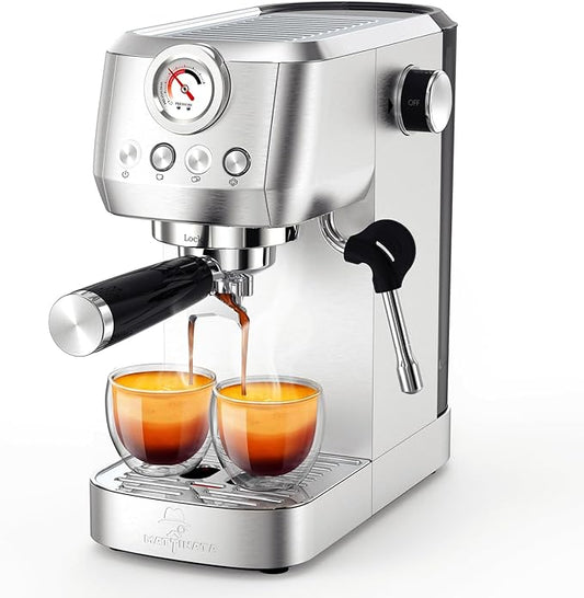 Espresso Machine 20 Bar, Espresso Coffee Maker with Professional Milk Frother Steam Wand for Cappuccino & Latte, 49oz Removable Water Tank for Home, Stainless Steel