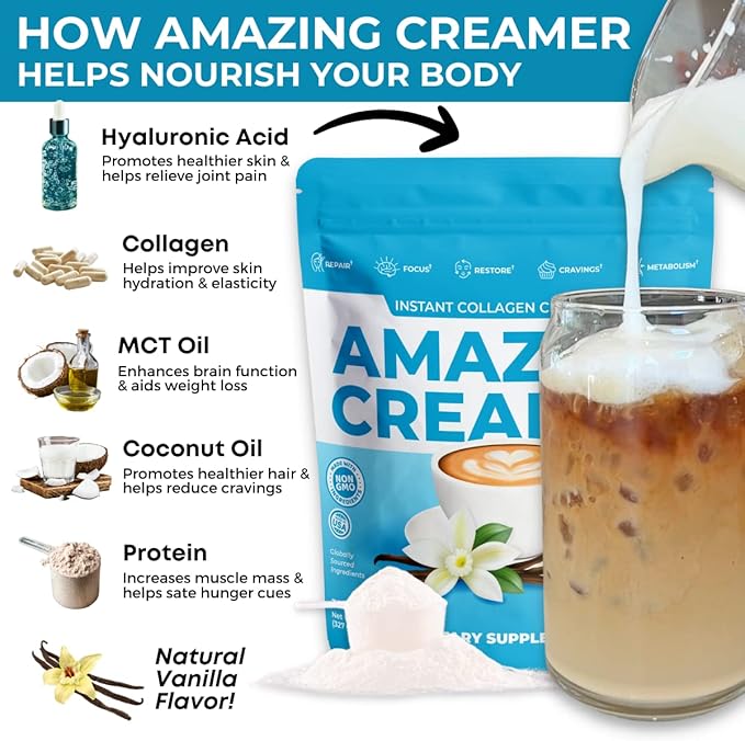 Superfoods Company Amazing Creamer with Collagen - Keto Creamer-Hyaluronic Acid & MCT Oil - Brain Boost & Curbs Cravings - Supports Healthy Skin & Hair - Diet-Friendly [30 Servings] [Vanilla]