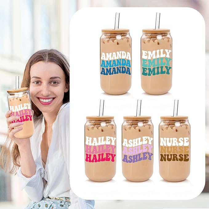 Personalized Tumbler with Name-Glass with Lids and Straws-18OZ Iced Coffee Cups with Lids, Cute Glass Cups, Mothers Day Birthday Gift for Women Her (TwsName)
