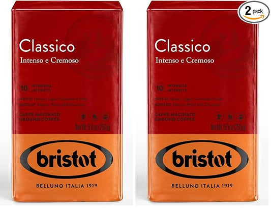 Bristot Classico Ground Espresso – Intense & Creamy Medium Roast Italian Coffee – For Moka, French Press & Pour Over – 8.8 oz (250g) (Pack of 2)