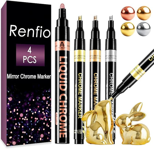 Renfio Chrome Paint Markers, 4 Colors Liquid Chrome Metallic Markers Mirror Repair Liquid Metallic Pen for Repairing Model Painting Resin DIY Craft Coloring (1-3mm) - Silver&Gold&Rose Gold&Copper