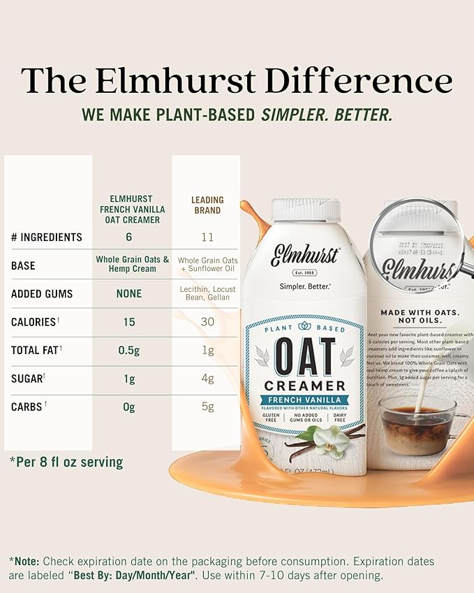 Elmhurst 1925 French Vanilla Oat Creamer - 16 Ounce (Pack of 6) Dairy-Free, Vegan, Kosher, Low Sugar, Shelf Stable Creamer Made with Water & Oat Grains for Healthier, Simpler Plant Based Alternatives