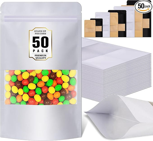 Jetmore-50pcs-Smell-Proof-Bag, Resealable Zip Lock Bags Various Sizes, Reusable Snack Bags, Stand Up Packing Bags with Window, Small Brown Paper Pouches for Candy, Nuts, Spice, Sample, Product