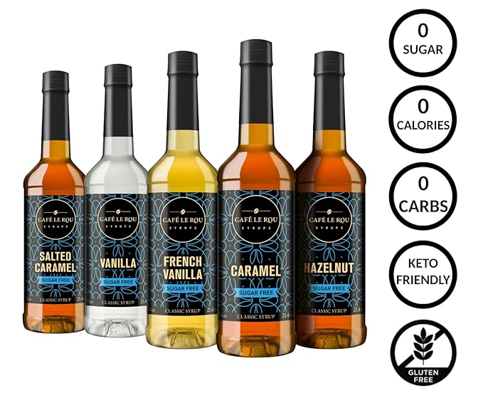 Café Le Rou Coffee Syrup Sugar Free Variety 25.4oz Vanilla, French Vanilla, Caramel, Salted Caramel, Hazelnut - (Sugar Free Variety, 5-Pack) Flavoring Syrup for Coffee, Tea and Espresso Made in the USA