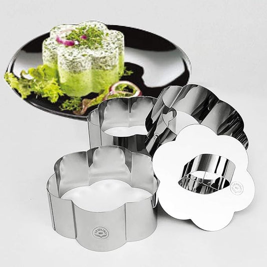 NEWLINE NY Stainless Steel Dessert Rings (4 Pcs) Flower Shape Molded Appetizers Salads Pastries Mousse Molding Layering Cutter