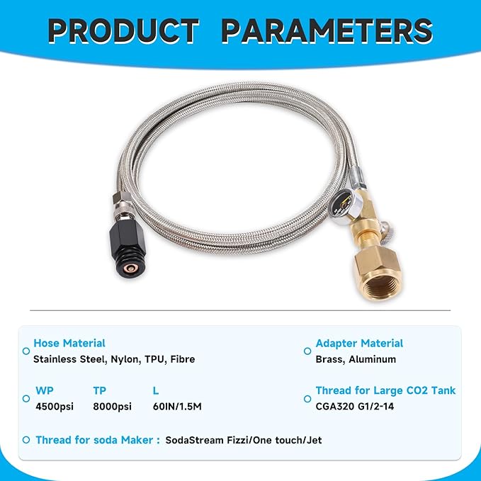 CO2 Tank CO2 Cylinder Direct Adapter with 60in Stainless Steel Hose Pressure Gauge & Exhaust Valve, CGA320 to TR21-4 Soda Maker Connector for Fizzi One Touch Jet Ninja Thirsti