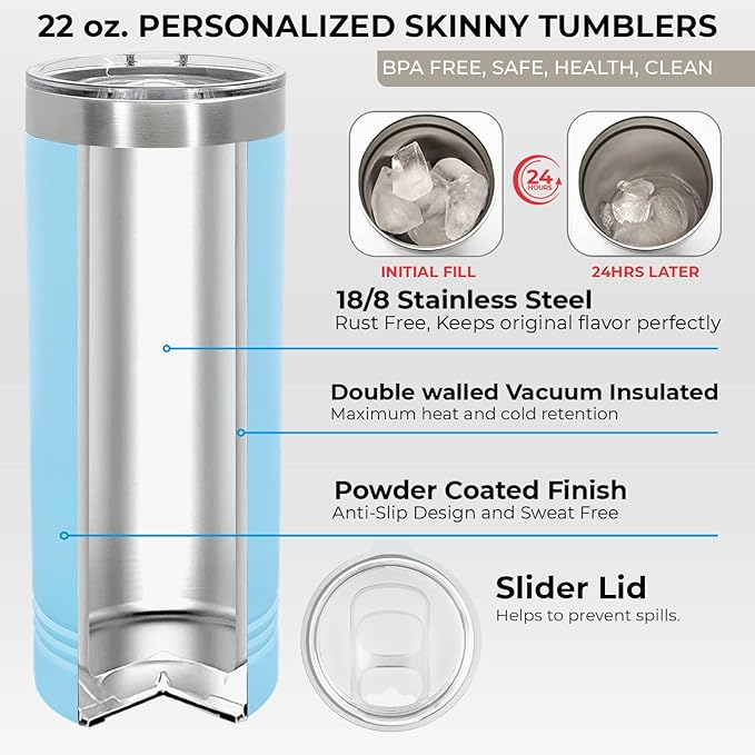 Personalized 20oz Skinny Tumbler: Engraved, Stainless Steel, Insulated, Leak-Proof Lid & Straw, Hot/Cold for Hours, for Coffee, Water, Wine, Gift for Birthdays, Christmas, 25 Designs (Light Blue)