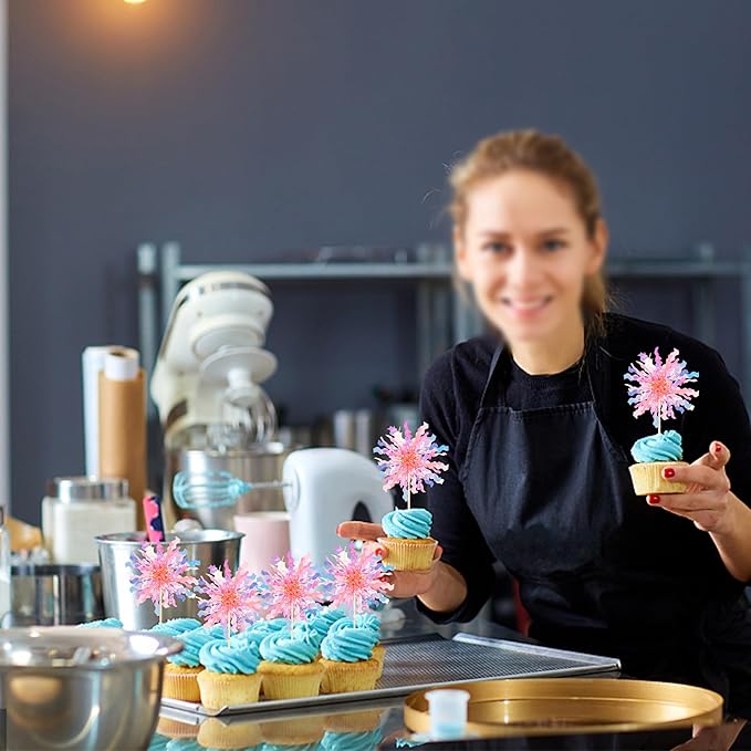 30 PCS Foil Firework Cupcake Toppers Sparkle Tinsel Cupcake Picks Happy Birthday Cake Toppers Drink Stirrers Cocktail Food Fruit Toothpicks for Baby Shower Wedding Party Decorations Supplies Orange