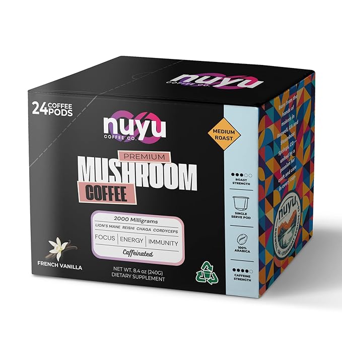 Nuyu Mushroom Coffee Pods, K-Cups, 100% Medium Roast Arabica Coffee with Lion's Mane, Reishi, Chaga, Cordyceps, 2000mg per Pod (24, French Vanilla)