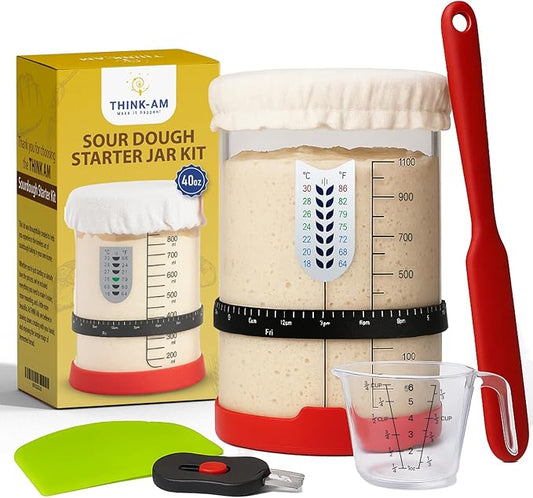 Sourdough Starter Kit, 40 Oz Sourdough Jar with Measuring Cup, Thermometer, Spatula, Dough Scraper, Bread Lame, Silicone Base & Cloth Cover, Feeding Band, Bread Baking Supplies for Bakers (40 Oz)