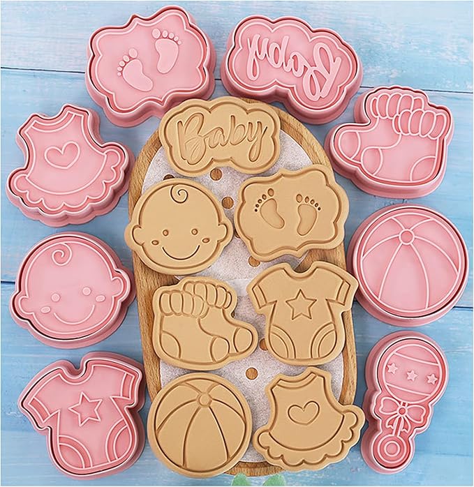 8 Pcs Cute Baby Shower Cookie Cutters for Baking Plastic Cookie Stamps Newborn Party Biscuit Mould Set DIY Fondant Biscuit Stamps Kitchen Tools(L8)