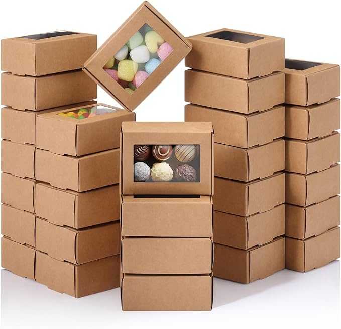 Zonon 30 Pcs Soap Boxes for Homemade Packaging, Mini Kraft Treat Boxes with Window for Bakery Candy Soap Making Gift Packaging(3.7 x 2.6 x 1.37 Inch,Brown)