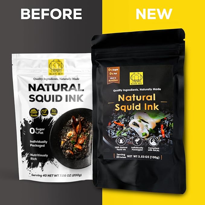 (5g x 20 Pack) Black Hut Squid Ink, Food Coloring Tinta Calamari for Rice Noodles Pasta Spaghetti Risotto, Cuttlefish Ink for Baking mix, Halal Certificate, Contains Molluscs, 3.53 oz / 100 g