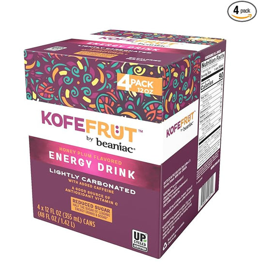 KOFEFRUT by beaniac Caffeinated Energy Drink, Honey Plum, Lightly Carbonated, Reduced Sugar, 80mg Caffeine, Polyphenols, Antioxidants, Vitamin C, 12 Fl Oz Can (Pack of 4)