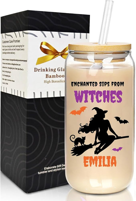Personalized Halloween Tumbler for Witches-Boo Basket Stuffers- Can Shaped Glass with Lids and Straws18OZ -Halloween Gifts for Women Kids Daughter