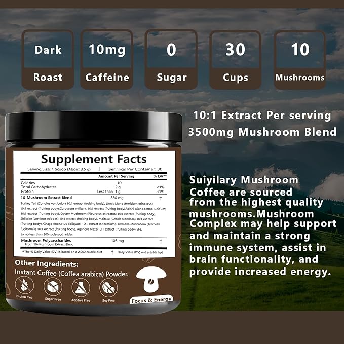 10 Mushroom Coffee with Arabica w, Lion's Mane, Reishi, Mushroom Polysaccharides & More, 3500mg(10:1) Extract Instant Mushrooms Powder for Focus, Immunity Boost, Memory & Clarity - 30 Servings