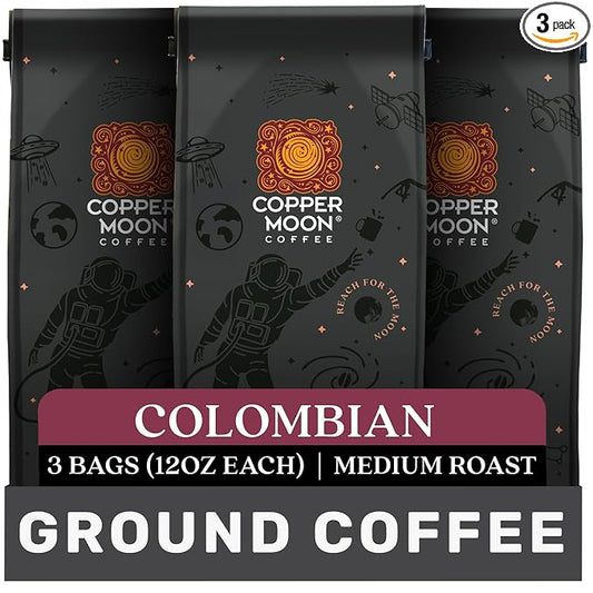Copper Moon Ground Coffee, Medium Roast, Colombian Blend Decaf 3 Bags 12 oz. Each