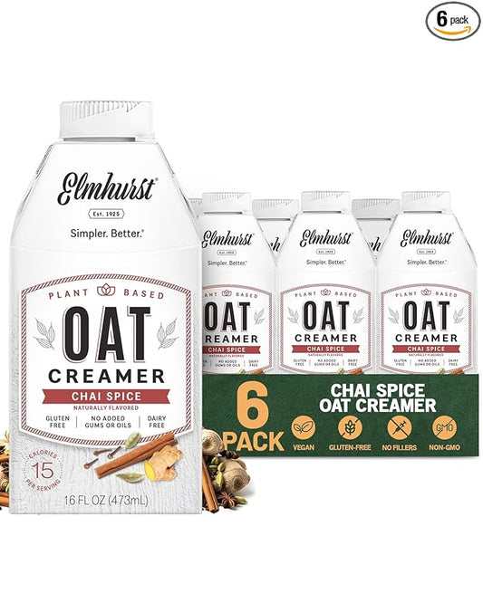 Elmhurst 1925 Chai Spice Oat Creamer - 16 Ounce (Pack of 6) Dairy-Free, Vegan, Kosher, Low Sugar, Shelf Stable Creamer Made with Oat Grains & Chai Spice for Healthier, Simpler Plant Based Alternatives