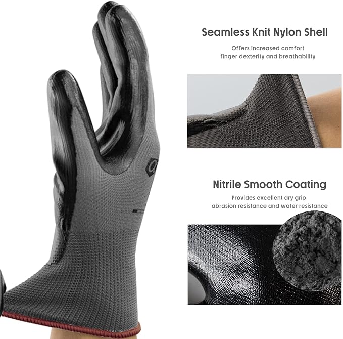 ANDANDA Smart Touch Work Gloves - 12 Pairs, 3D Comfort Stretch Fit, Nitrile Coated with Grip, Seamless Knit Nylon, Suitable for Warehousing, Logistics, Handling, Black (XL)