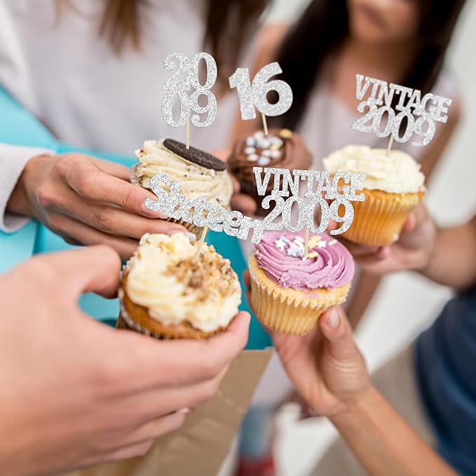 Gyufise 24Pcs 16th Birthday Cupcake Toppers Glitter Sixteen Vintage 2009 Hello 16 Years Birthday Cupcake Picks Sweet 16 Cake Decorations for Happy 16th Birthday Anniversary Party Supplies Silver