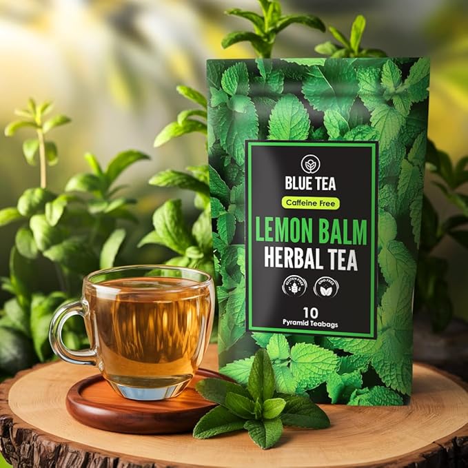 BLUE TEA - Lemon Balm Tea - 10 Count - Plant Based Tea Bag | RELIEVES STRESS - IMPROVES DIGESTION | Reduces Bloating | Refreshing Citrus Flavour - Leaf Based - Caffeine Free | Ziplock Pouch