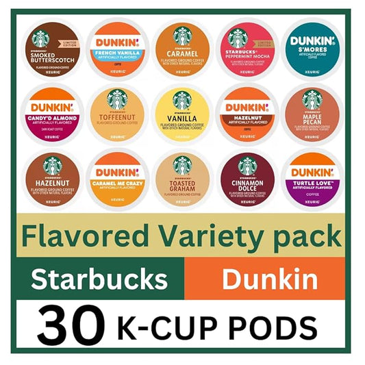 30 Count -- Flavored Starbucks & Dunkin Variety Pack Coffee Pods K Cup Sampler – Starbucks - Hazelnut, Cinnamon Dolce, Maple Pecan, Smoked Butterscotch, Toasted Graham, Caramel, Vanilla & Toffeenut. Dunkin - Turtle Love, Candy'd Almond, Caramel Me Craz...
