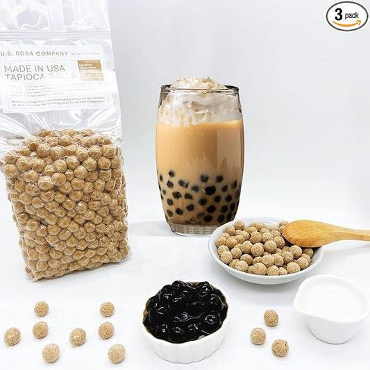 US Boba Co Unsweetened Tapioca Pearl, Easy to Cook, Tapioca Boba Balls for Tea Milk, Coffee & Dessert Topping, Fresh Made in USA, Brown Sugar Flavor, 1 Pound (Pack of 3)