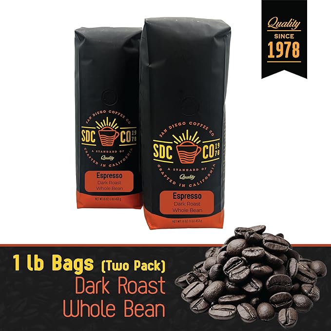 San Diego Coffee Espresso, Dark Roast, Whole Bean Coffee, 16-Ounce Bags (Pack of 2) Café en grano tostado