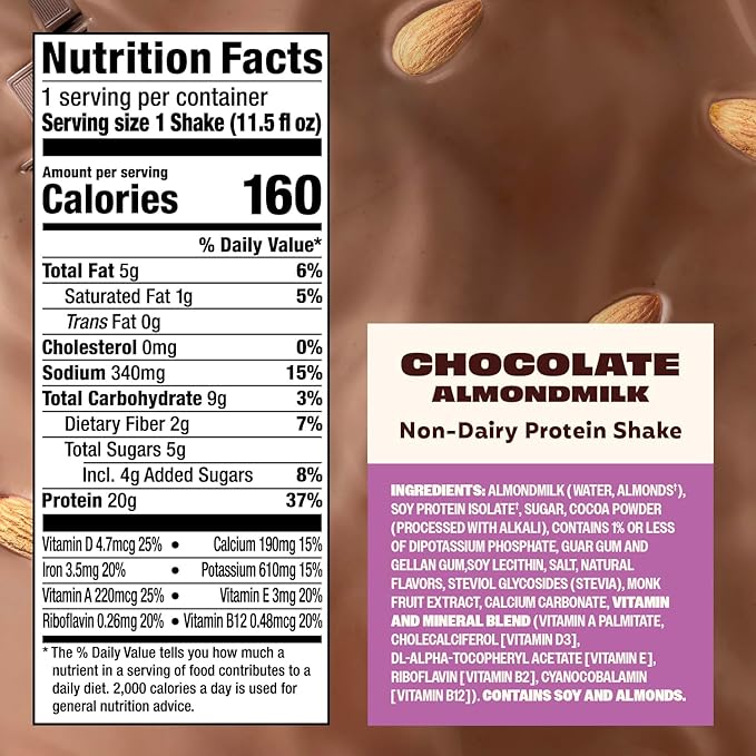 Premier Protein Almondmilk Plant Based Protein Shake, 20g Protein, 5g Sugar, 11.5 Fl oz, Chocolate, 12 Count