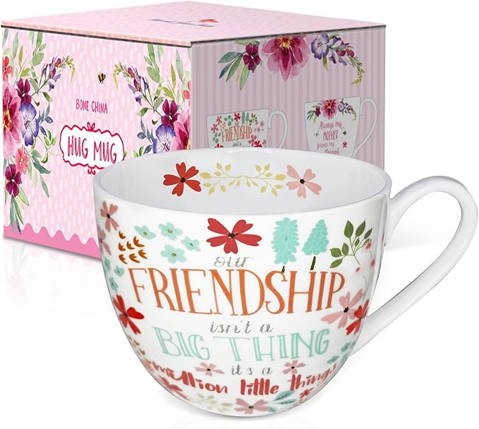 Friendship Coffee Mug, Premium 20 oz Bone China Coffee Tea Hug Mug, Perfect Birthday, Holiday, and Christmas Gift for Women and Female Friends, Designed in England by Harvest Green Studio