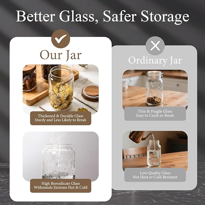 Glass Jars with Airtight Wood Lids - 34 oz Large Kitchen and Pantry Storage Containers, Canisters for Spaghetti, Noodles, Pasta, Ground Coffee, Sugar, Cereal, Set of 2