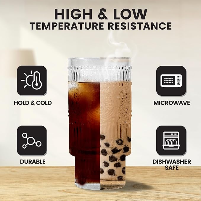 4 Pcs 16 oz Glasses Cups Set with Bamboo Lids Straws Brush Sunflower Glassware Set for Juice Iced Coffee Beer Cocktail Whiskey