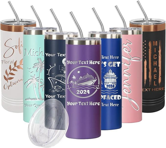 Personalize 20oz Skinny Tumbler: Engraved, Stainless Steel, Insulated, Leak-Proof Lid & Straw, Hot/Cold for Hours, Ideal for Coffee, Water, Wine, Gift for Birthdays, Weddings, Cruise Ships, 25 designs