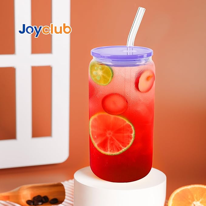 Joyclub 12pcs Glass Cups with Acrylic Lids and Straws 16 oz Can Shaped Glass Iced Coffee Cups with Lids and Straws, Cute Tumbler Cup Drinking Glasses for Smoothie Whiskey Boba Soda Tea Gift
