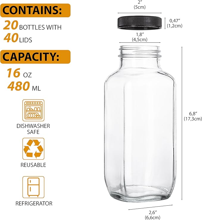 Juice Bottles with Lids, 16 Oz - Set of 20 - Clear Glass Jars with Caps - Reusable Empty Drink Containers for Juicing, Smoothies, Water, Milk, Kombucha Storage, Wellness Shots and More (20)