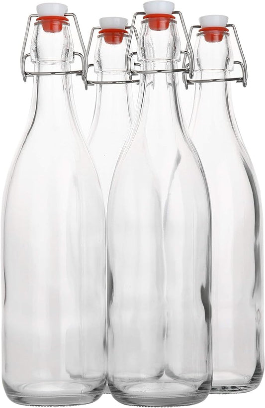 AYL Flip Top Glass Bottle [1 Liter / 33 fl. oz.] [Pack of 4] – Swing Brewing Bottle with Stopper for Beverages, Oil, Vinegar, Kombucha, Water, Soda, Kefir – Airtight Lid & Leak Proof Cap – Clear
